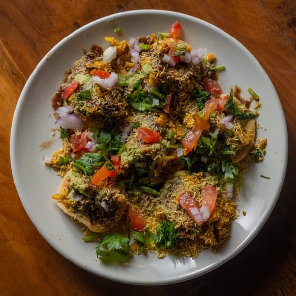 A white plate of Indian chaat, topped with chopped tomatoes, onions, cilantro, and green sauce.