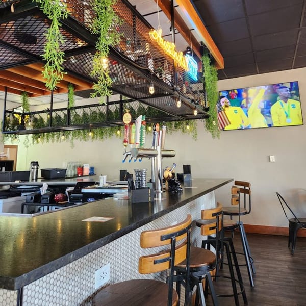 A restaurant bar with beer taps, bar stools, hanging plants, and a TV showing sports.